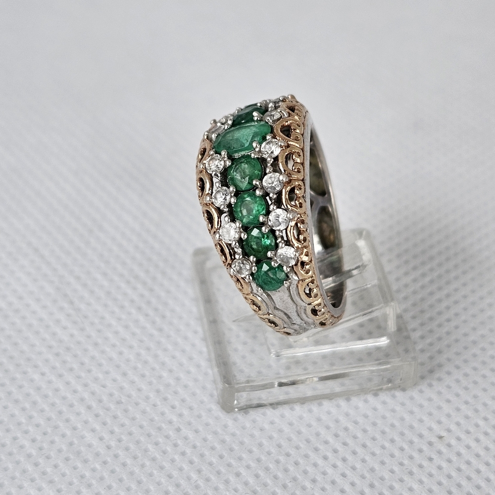Gems en Vogue Grizzly Emerald & Zircon Palladium Sterling Silver 18k Ring Sz 8! - Picture 7 of 10